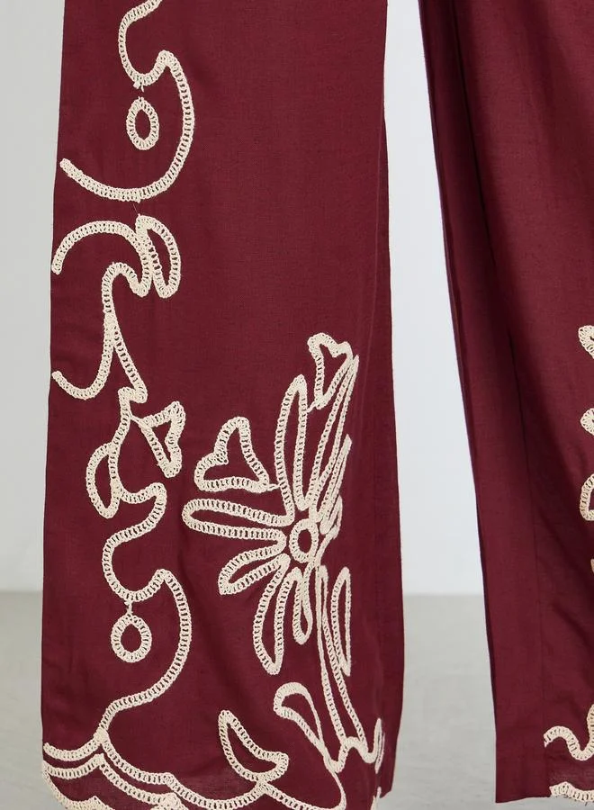 Styli Women Burgundy Embroidered Wide Leg Trousers